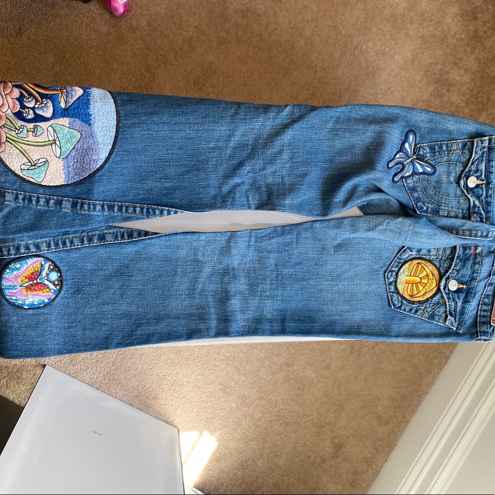 True religion vintage patchwork jeans.Size 27. 30.5 length Low rose with flare.